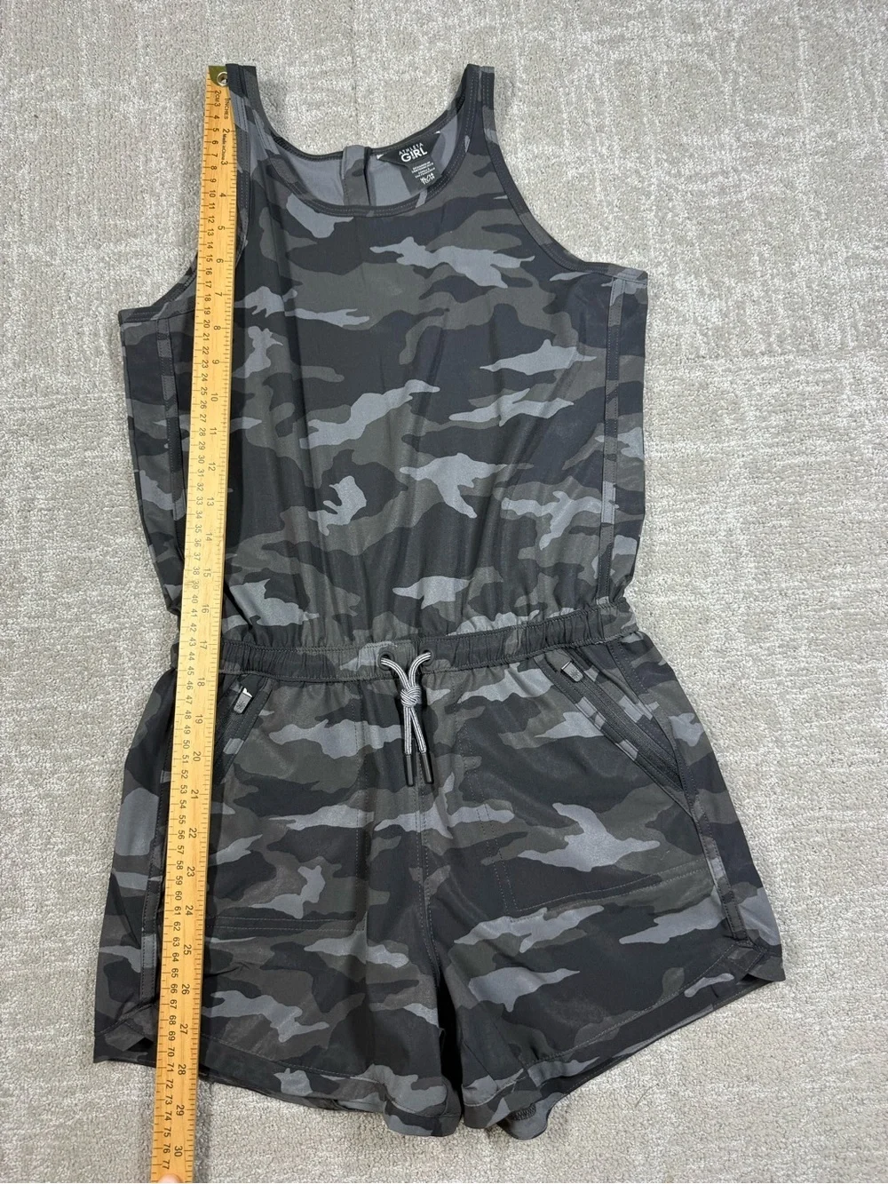 Athleta Girl On the Go One Piece Romper Black Camouflage Drawstring Waist Sz XL